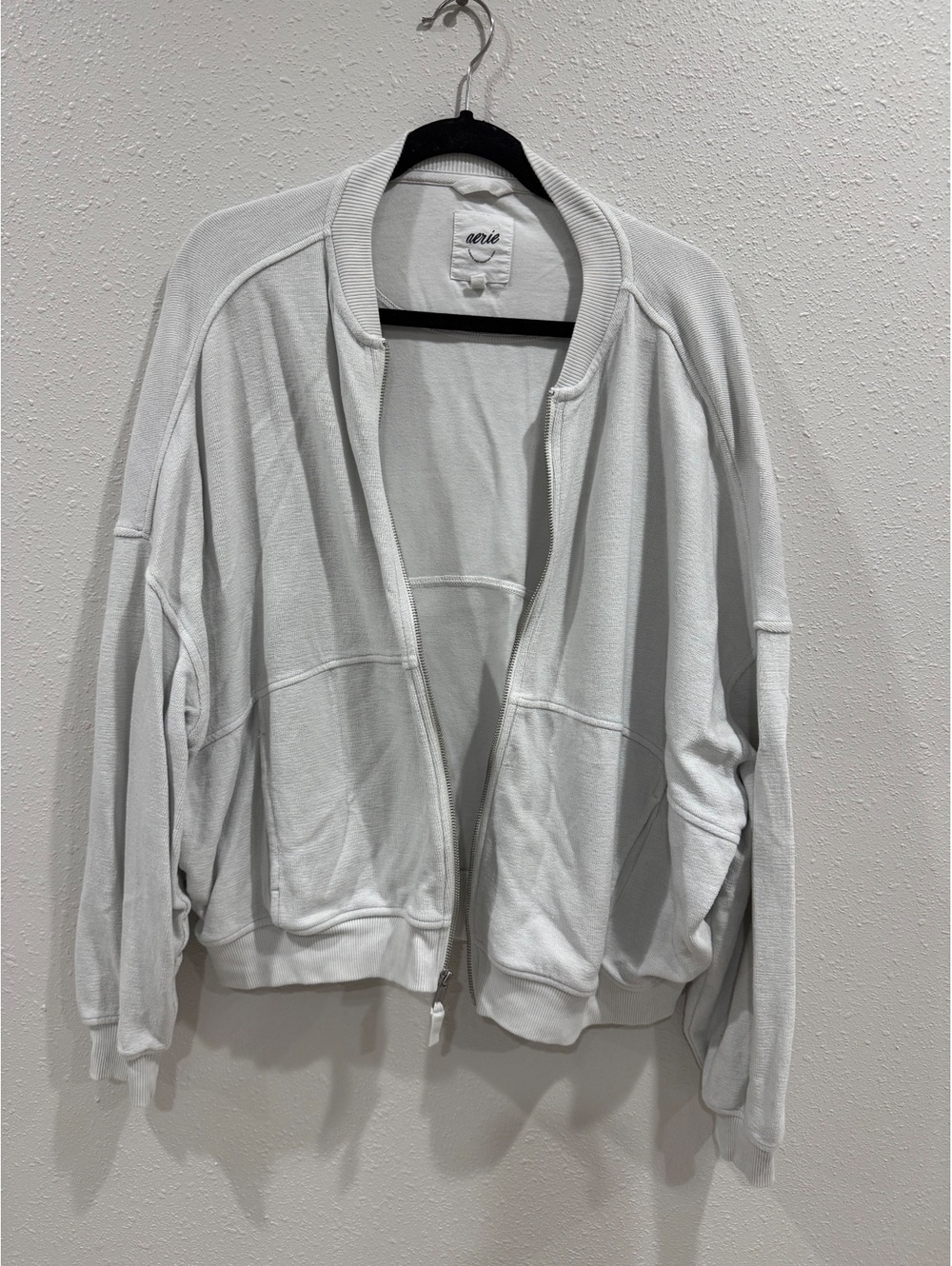 Aerie Full Zip Bomber Jacket Women’s M Light Gray Oversized Cotton Sweatshirt